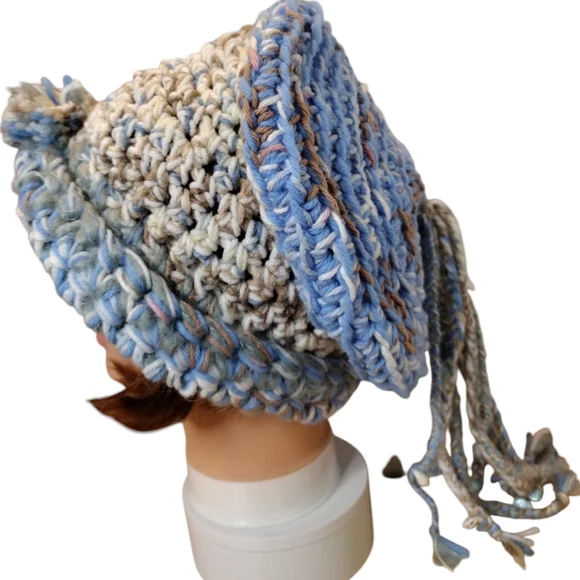 Slouchy beret bohemian blue bead hand-knit hat - Picture 8 of 11